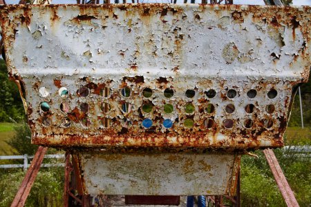 Téléchargez les photos : Gros plan de machines rouillées et abandonnées dans un parc d'attractions désert de Gatlinburg, au Tennessee, mettant en valeur la texture et les couleurs de la pourriture - en image libre de droit