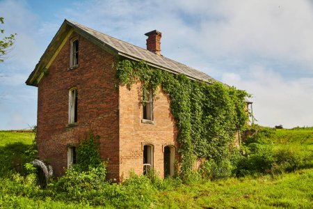 Verlassene Mudhouse Mansion von Efeu im ländlichen Ohio überholt, symbolisiert Naturgewalten unter einem weiten blauen Himmel.