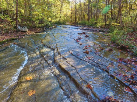 Foto de Otoño en Hathaway Preserve, Indiana - Vista aérea de un sereno arroyo forestal que fluye sobre rocas, adornado con hojas coloridas de otoño, capturado con un DJI Phantom 4 en 2016. - Imagen libre de derechos