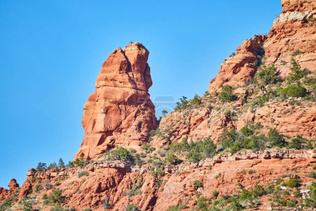 Photo for Vibrant red sandstone spire under clear blue sky, surrounded by greenery in Sedona, Arizona, epitomizing Southwestern beauty - Royalty Free Image