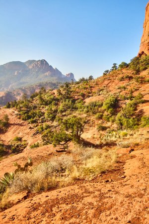 Sonnige Wüstenlandschaft mit Trail und Rocky Peaks, Sedona, Arizona, 2016