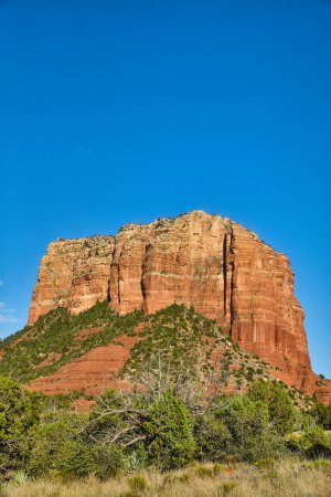 Photo for Majestic Red Rock Formation in Arizonas Sedona Desert, 2016 - Vibrant hues of iron oxide under a clear blue sky with resilient local greenery - Royalty Free Image
