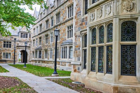 Gotische Architektur des University of Michigan Law Quadrangle, hervorgehoben durch kunstvolle Fenster und Steinschnitzereien, die in weiches Licht getaucht sind