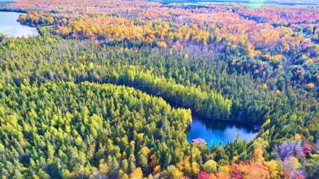 Téléchargez les photos : Vue aérienne de la transition automnale dans la forêt du Michigan avec cabine isolée au bord d'un lac tranquille, capturée par le drone DJI Phantom 4 - en image libre de droit