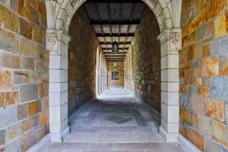 Zeitloser Torbogen-Korridor aus Stein im Rechtsquadrat der University of Michigan, der Tradition und architektonische Majestät ausstrahlt
