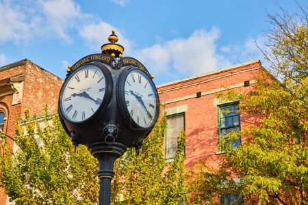 Historic Ypsilanti ornate street clock standing tall against a blue sky, with a classic brick building and lush foliage in the background