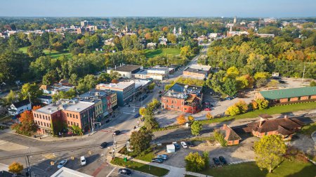 Photo for Aerial view of a peaceful midwestern town, Ypsilanti, Michigan, highlighting a blend of historical and modern architecture. Ideal for real estate, local tourism, and regional promotion. - Royalty Free Image