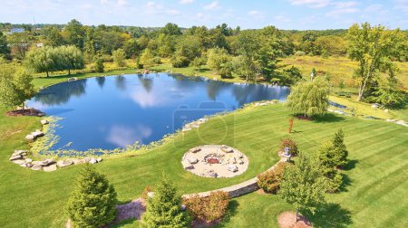 Aerial View of Tranquil Pond and Fire Pit in a Lush Indiana Garden Landscape, 2017