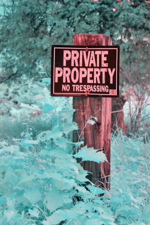 Bold Private Property Sign in Teal Tinted Vegetation in Bicentennial Acres, Indiana, 2017