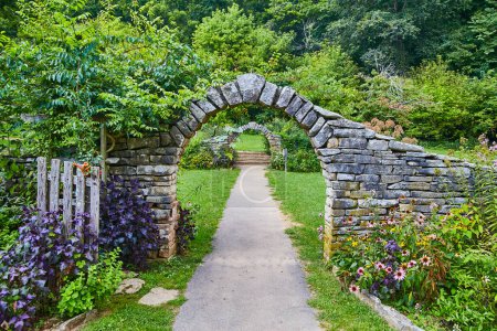 Serene Garden Pathway with Rustic Stone Arches at Spring Mills State Park, Indiana, 2017 - An Inviting Journey into Natures Tranquility