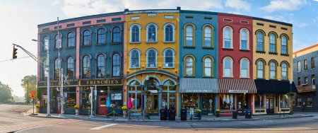 Photo for Early morning panorama of colorful historic storefronts in Ypsilanti, Michigan, showcasing quaint charm and serene urban beauty. - Royalty Free Image