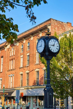 Photo for Historic Ypsilanti street clock in an idyllic small town setting, accented by the golden hour glow on a vintage brick building, Michigan, USA - Royalty Free Image
