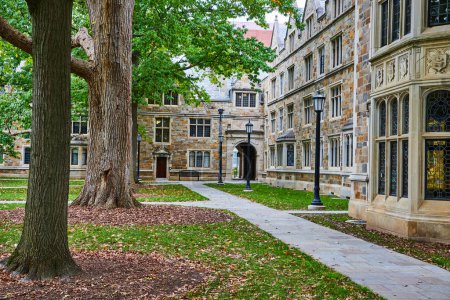Photo for Serene view of the historic Law Quadrangle at University of Michigan, Ann Arbor, showcasing traditional stone masonry architecture and lush green campus - Royalty Free Image