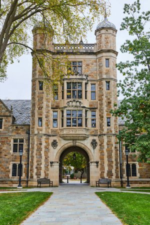 Gothic Architecture of University of Michigan Law Quadrangle in Autumn