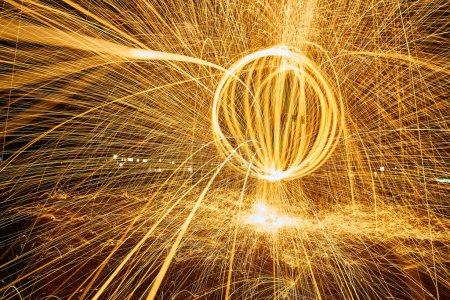 Vibrant Light Painting Display in Fort Wayne, Indiana - 2017, featuring a mesmerizing web of golden sparks from a burning steel wool under long exposure