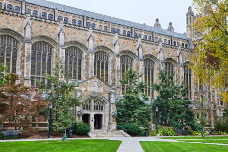 Gothic Revival architecture dominates a grand historic building at the University of Michigan Law Quadrangle, showcasing education and tradition