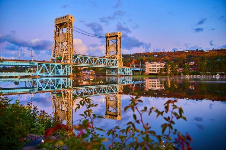 Autumn Sunrise Reflecting on Portage Lake Lift Bridge in Houghton, Michigan, 2017 - A Tranquil Blend of Engineering and Nature