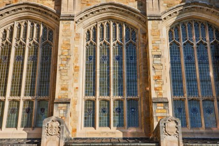 Sonniger Tag Blick auf gotische Fensterfassade an der University of Michigans Law Quadrangle, Hervorhebung historischer Architektur und Mauerwerk