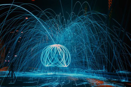 Light Painting Mastery in Fort Wayne, Indiana - A 2017 Infrared, Long exposure self-portrait showcasing a stunning orb of blue light and fiery sparks, capturing the essence of motion and creativity.