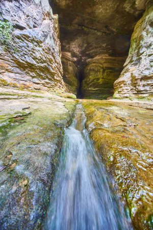 Spring Mills State Park, Indiana - Rushing Stream and Mossy Rocks Leading into a Cavern, 2017