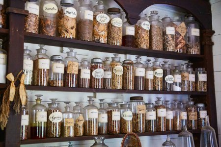 Photo for Vintage apothecary shelf with labeled jars of herbs and botanicals, set in Indianas Spring Mills State Park, 2017 - Royalty Free Image