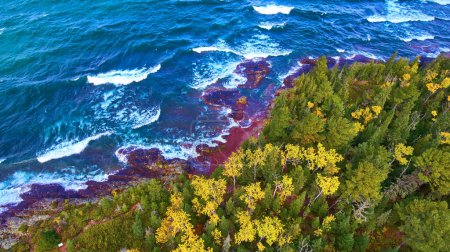 Luftaufnahme des üppigen Herbstwaldes, der auf die raue Küste des Lake Superior trifft, Michigan