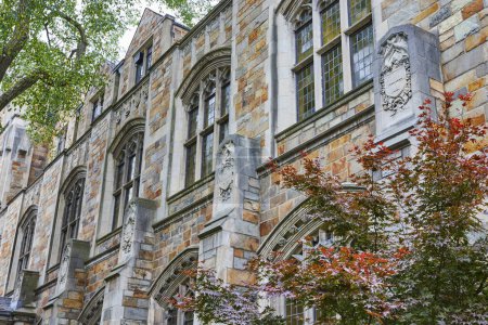 Gotische Architektur des University of Michigan Law Quadrangle, eingerahmt von lebendigem Laub in Ann Arbor, symbolisiert Tradition und Wissenschaft.
