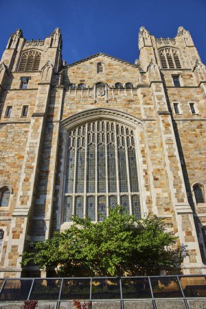 Gothic-style Cathedral at University of Michigan in Ann Arbor, featuring intricate stonework and a grand stained glass window against clear blue sky