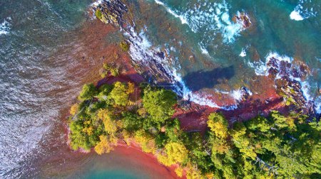 Aerial View of Autumnal Copper Harbor in Michigan, Captured by DJI Phantom 4 Drone, Displaying Vibrant Fall Foliage Along Lake Superior Shoreline