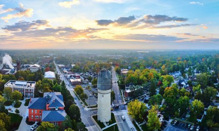 Photo for Aerial Sunrise View of Historic Ypsilanti Water Tower Overlooking Peaceful Suburban Michigan Town - Royalty Free Image