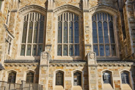 Gotische Architektur des Rechtsvierecks der Universität Michigans bei Tag, die Größe und historische Bedeutung hervorhebt