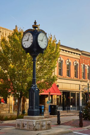 Photo for Historic Ypsilanti street clock in golden light amidst charming brick architecture in Michigan, USA - Royalty Free Image