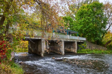 Tranquil Autumn Scene of a Footbridge Over a Clear River in Homer, Michigan