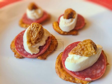 Elevated view of gourmet appetizers featuring crunchy crackers, cured salami, fresh mozzarella and dried fruit in a high-end culinary setting, Fort Wayne, Indiana, 2022