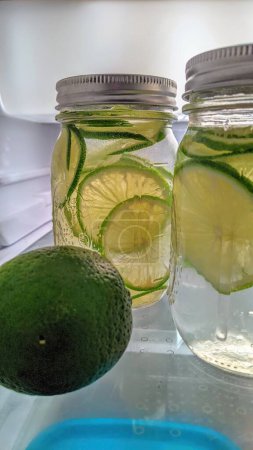 Fresh Lime and Mint Infused Water in Mason Jars in a Refrigerator, Symbolizing Healthy Home Cooking in Indiana, 2021