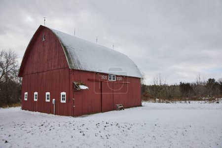 Historical Red Barn in Snowy Rural Indiana, Winter Serenity at Whitehurst Nature Preserve