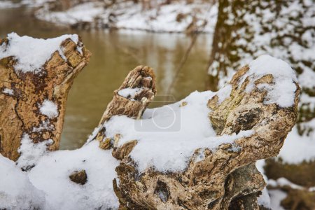 Schneegeküsster Felsen im Cooks Landing County Park, Indiana, bietet eine ruhige Winterlandschaft an einem ruhigen Fluss.