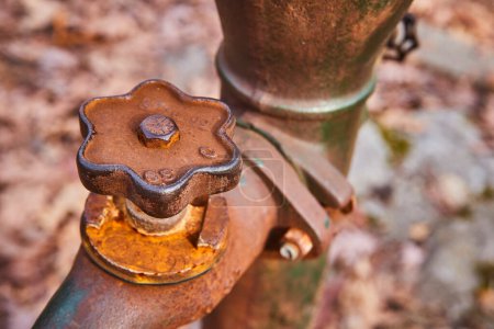 Close-up of a weathered water valve in a rustic outdoor setting in Fort Wayne, Indiana, encapsulating the essence of fall and times passage.