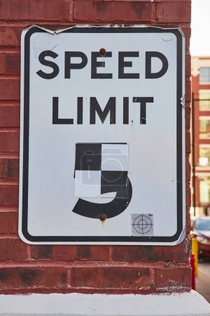 Urban Decay in Fort Wayne - A defaced speed limit sign, aging gracefully on a brick wall, silently narrates the tale of city life.