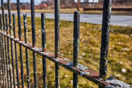 Close-up of weathered metal fence at Lindenwood Cemetery, Indiana, showcasing years of neglect and natural decay against the backdrop of a serene graveyard.