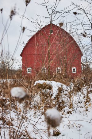 Vibrant Red Barn amid Tranquil Winter Landscape in Fort Wayne, Indiana - A Symbol of Rural Life and Seasonal Change