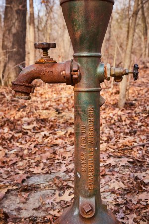 Vintage-Wasserpumpe inmitten von Herbstblättern im Lindenwood Preserve, Indiana, symbolisiert rustikalen Charme und vergangene Zeiten
