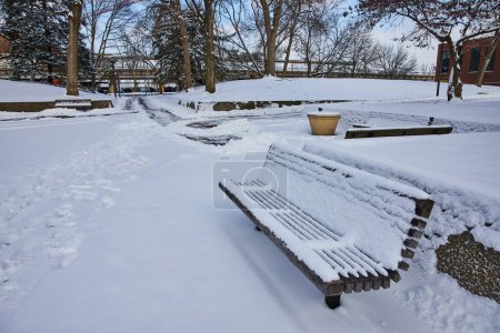 Invierno sereno en Fort Wayne con nieve virgen cubriendo un parque urbano, destacando un banco solitario y una maceta de piedra.