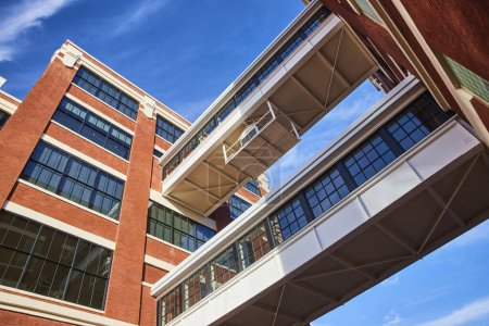 Modern Skywalk Linking Red-Brick Buildings at Electric Works, Fort Wayne - A Vibrant Display of Urban Architecture under a Clear Blue Sky.