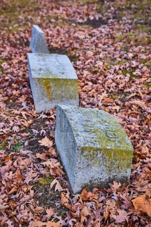 Time-worn gravestones amidst fall leaves in Lindenwood Cemetery, Fort Wayne, Indiana, evoking solemn history and lifes natural cycle.