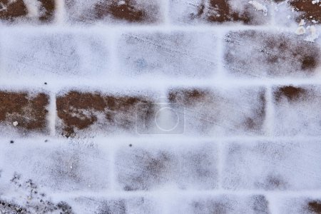 Nahaufnahme von schneebedeckten Ziegeln in der Innenstadt von Fort Wayne, Indiana, die die urbanen Strukturen des Winters zeigen