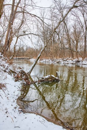 Serene winter scene at Cooks Landing County Park, Fort Wayne, Indiana with river reflecting bare trees and snow-covered riverbank.