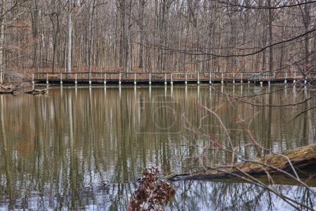 Rustikale Brücke über den Serene Pond inmitten kahler Bäume im Lindenwood Preserve, Fort Wayne, Indiana