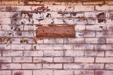 Téléchargez les photos : Détail de mur de brique vintage de Indianas Anciennes œuvres électriques, mettant en valeur la texture altérée et la plaque métallique rouillée - en image libre de droit