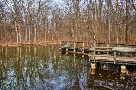 Gelassener Blick auf den Herbst im Lindenwood Preserve, Indiana - Verwittertes Hafenbecken reflektiert den ruhigen Parksee inmitten ruhender Wälder